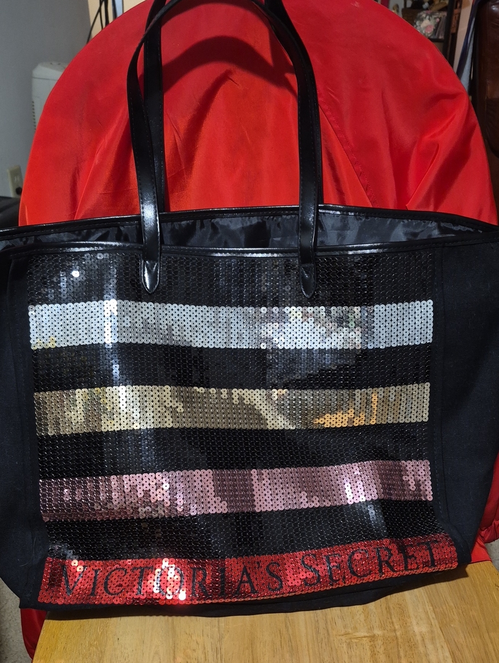 Victoria's Secret Black Tote Bag with Sequin Stripes